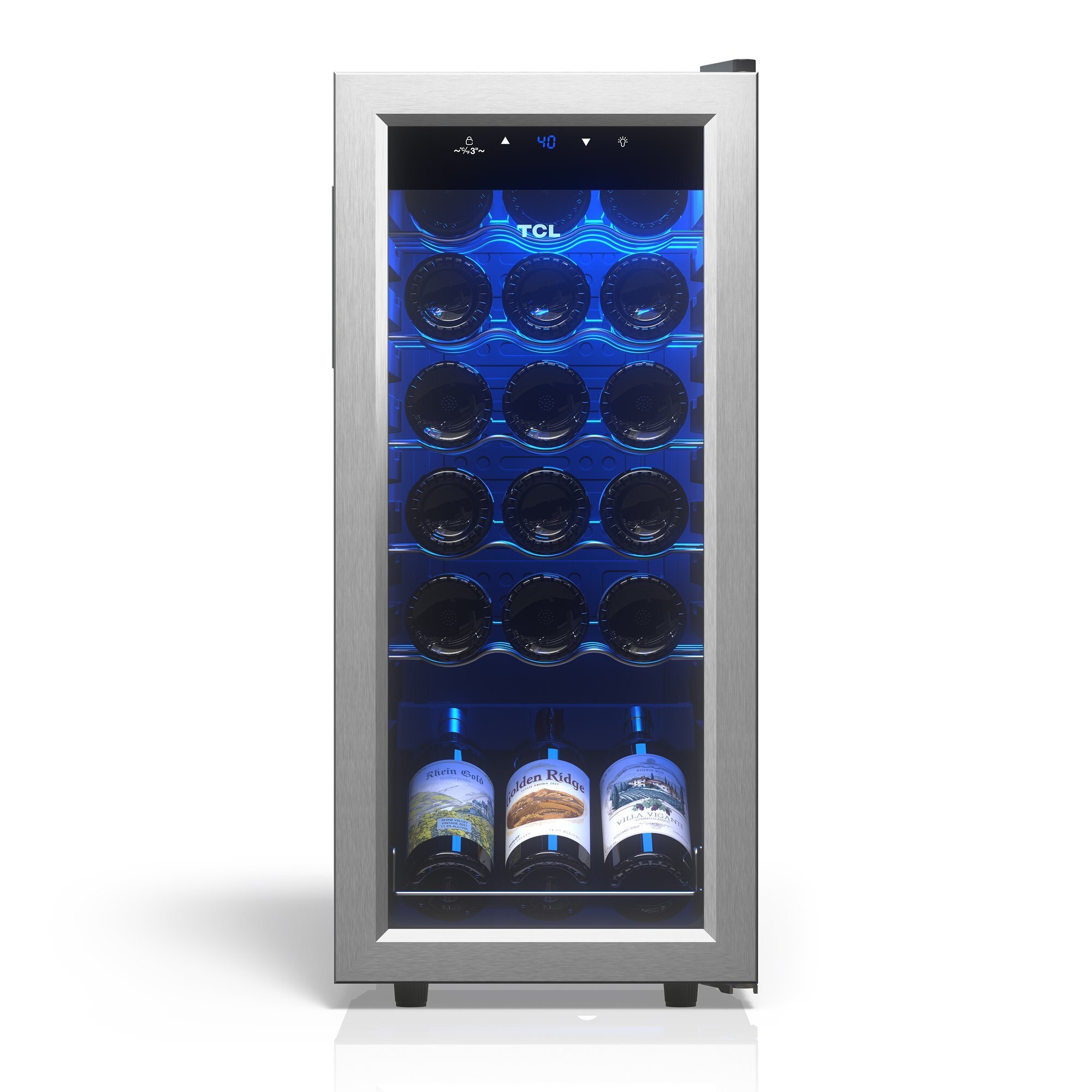 TCL 18 Bottle 1.8 Cu. Ft. Wine Cooler, Low Noise Operation, Digital Controls, LED Lighting, Glass Doors, Freestanding, Model# TRW18F6AS